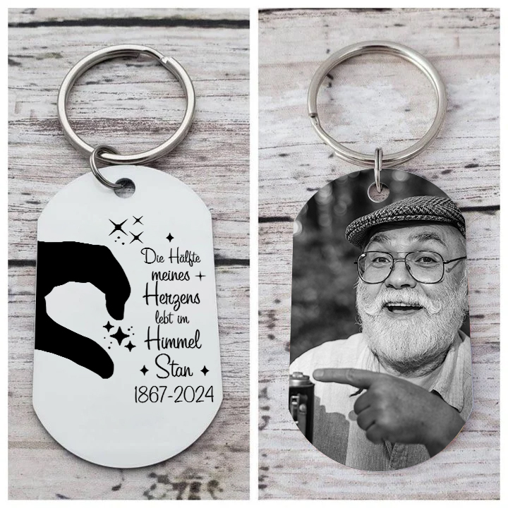 Personalisierbares Foto & Name & Jahr Trauer Schlüsselanhänger-Die Hälfte meines Herzens lebt im Himmel-Andenken Schlüsselanhänger