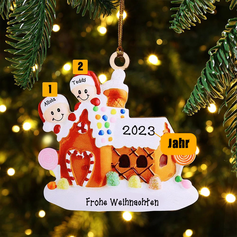 Holz Personalisiertes 2 Namen & Text & Jahr Weihnachtsornament Süßwarenhaus Anhänger mit 2 Kinder