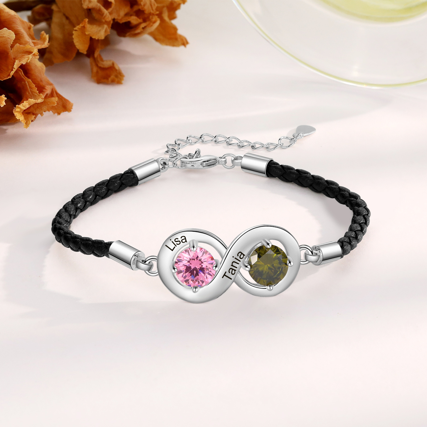 Personalisierte 2 Namen & 2 Geburtssteine Infinity Handseil Armband