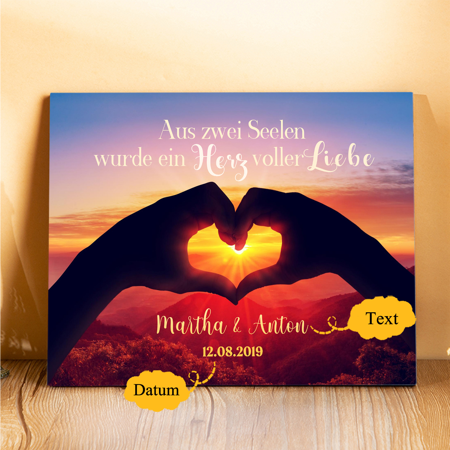 Pärchen Holzbild-Personalisierter Text & Datum-Aus zwei Seelen wurde ein Herz voller Liebe-Holzdekoration-für Paare