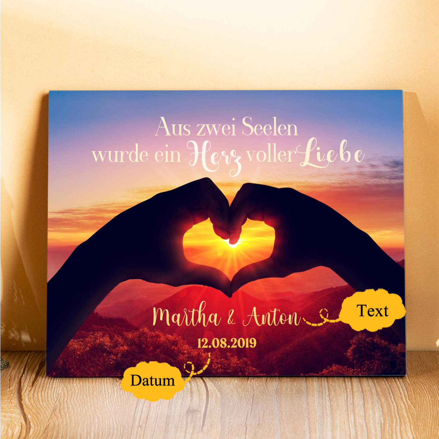 Pärchen Holzbild-Personalisierter Text & Datum-Aus zwei Seelen wurde ein Herz voller Liebe-Holzdekoration-für Paare