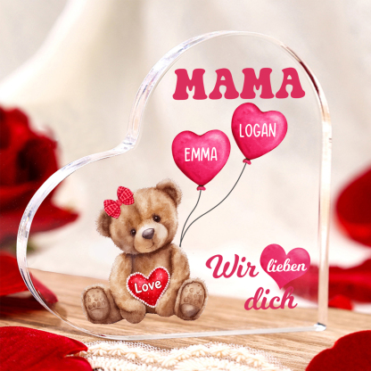 Personalisierte 2 Namen & Text Herz Acryl-Deko Teddybär & Herzballon -Ich liebe dich- Familie Schreibtischdekoration