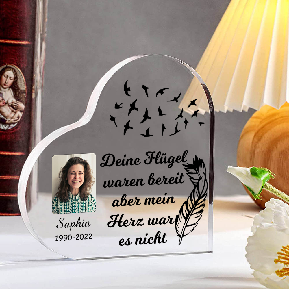 Personalisierter Name & Jahr & Foto Acryl-Deko-Deine Flügel waren bereit aber mein Herz war es nicht-Trauer Schreibtischdekoration