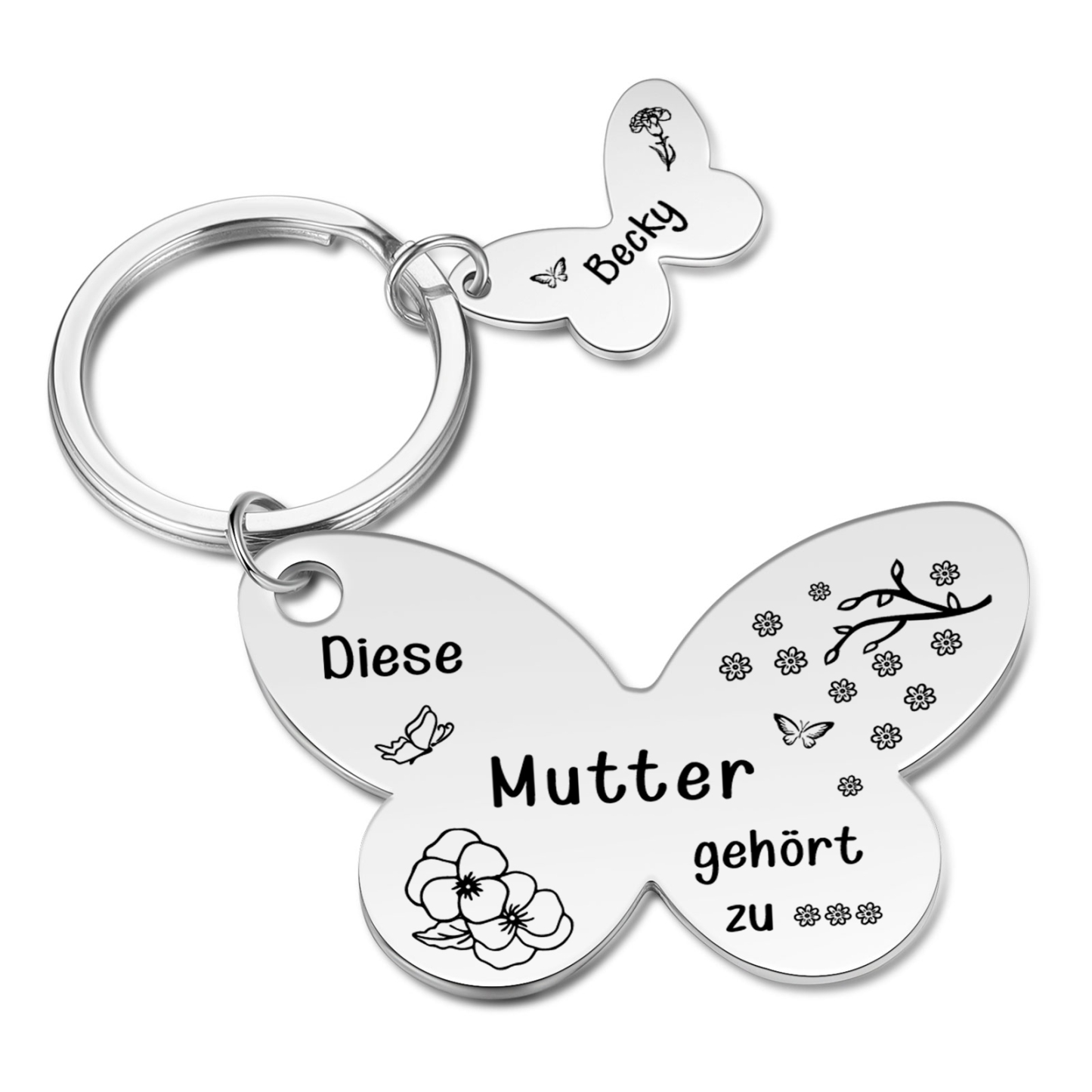 Personalisierbarer Text & 1 Name & Geburtsblume Schmetterling Metall Schlüsselanhänger