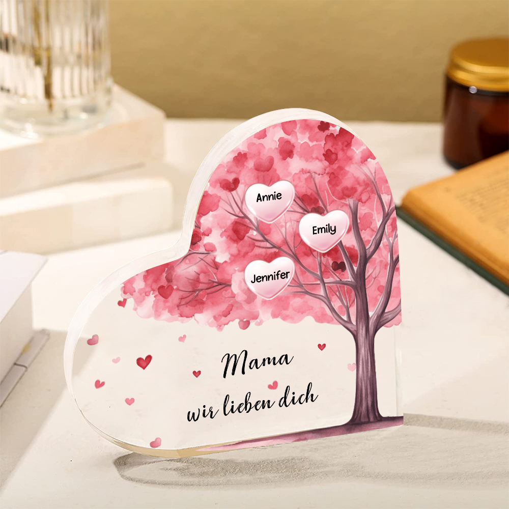 Personalisierte 3 Namen & Text Rosa Familienbaum Familie Acryl-Deko Schreibtischdekoration für Mutter