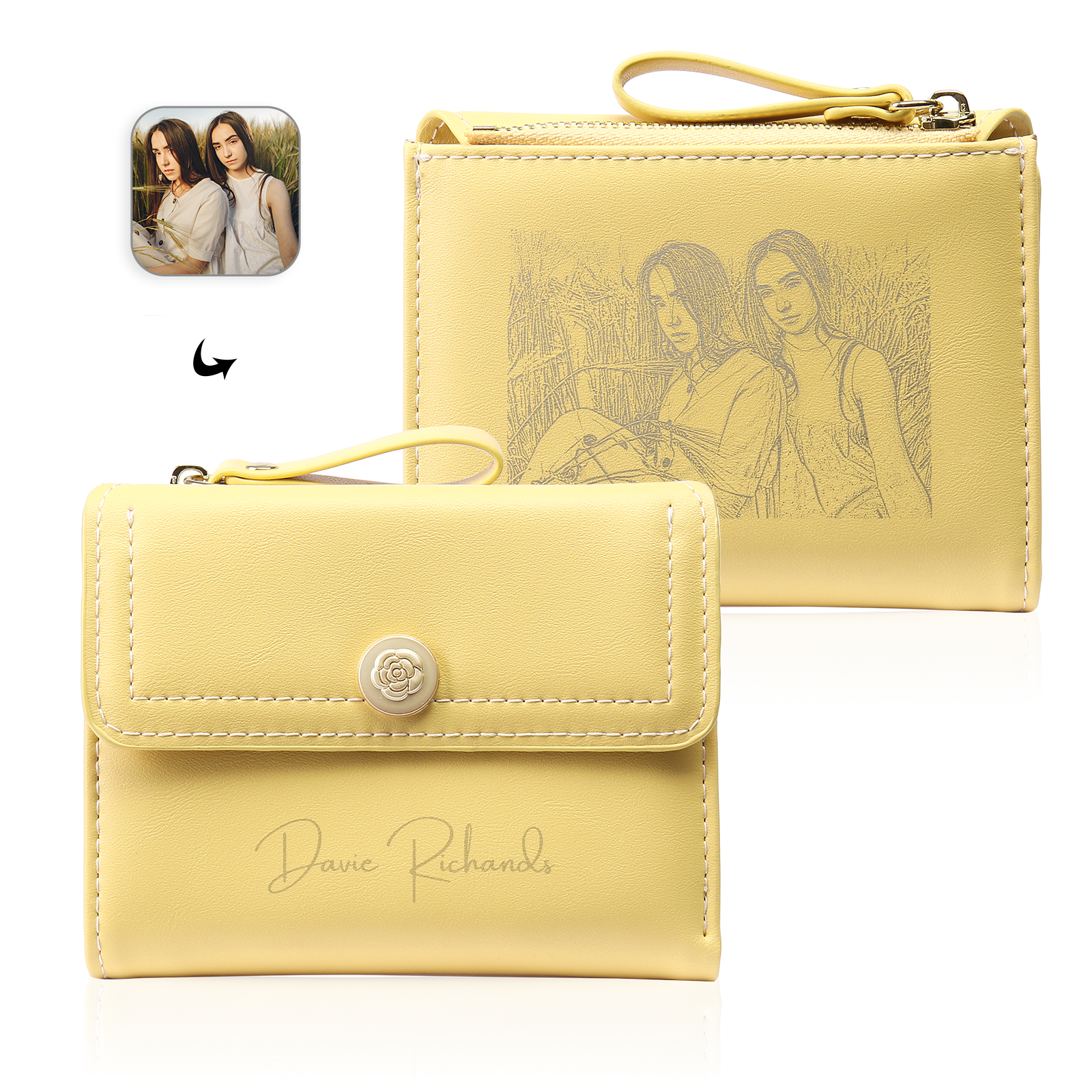 Damen Personalisiertes Foto PU Leder Klapp-Portemonnaie Geldbörse mit Reißverschluss