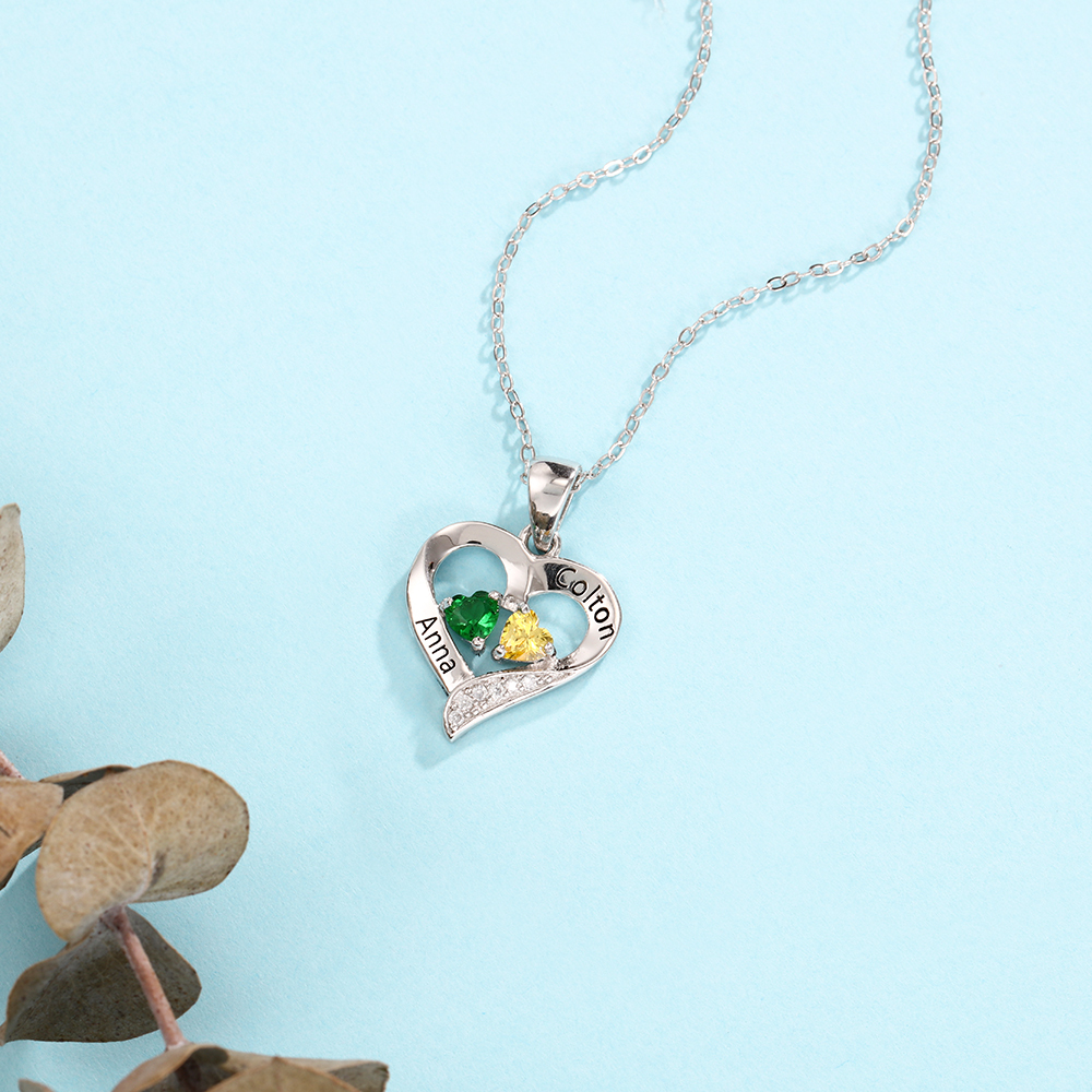 925 Sterling Silber Personalisierte Halskette mit 2 Namen und 2 Geburtssteinen