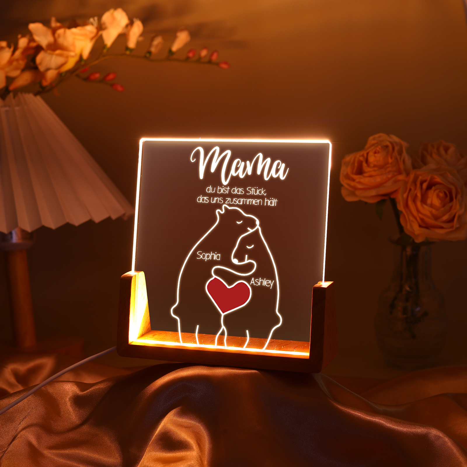 Personalisierte 2 Namen & Texte Bär Familie Nachtlicht Geschenk für Großmutter/Mutter zum Muttertag