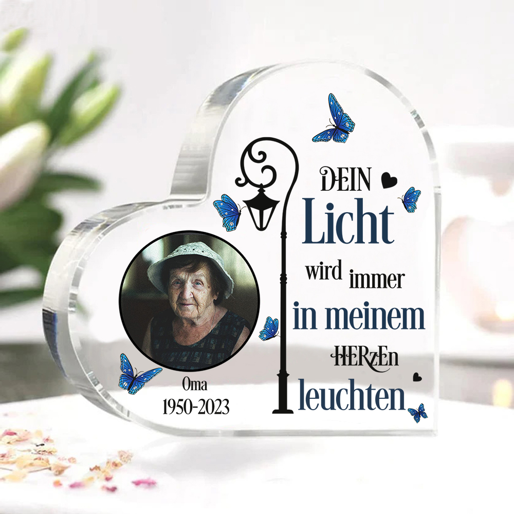 Personalisierter Name & Jahr & Foto Acryl-Deko-Dein Licht wird immer in meinem Herzen leuchten-Trauer Schreibtischdekoration