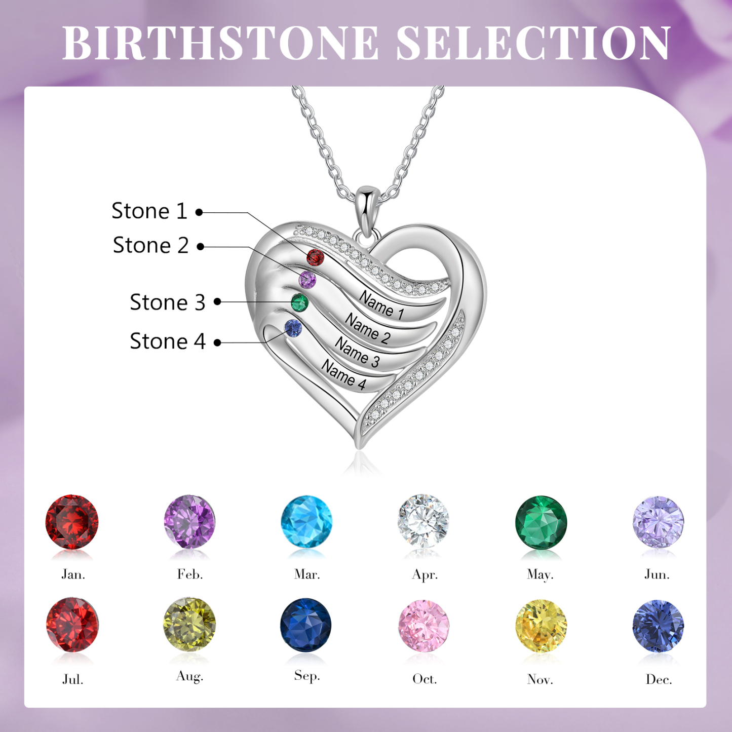925 Sterling Silber Personalisierte 4 Namen & 4 Geburtssteine Herz Halskette mit Zirkonia