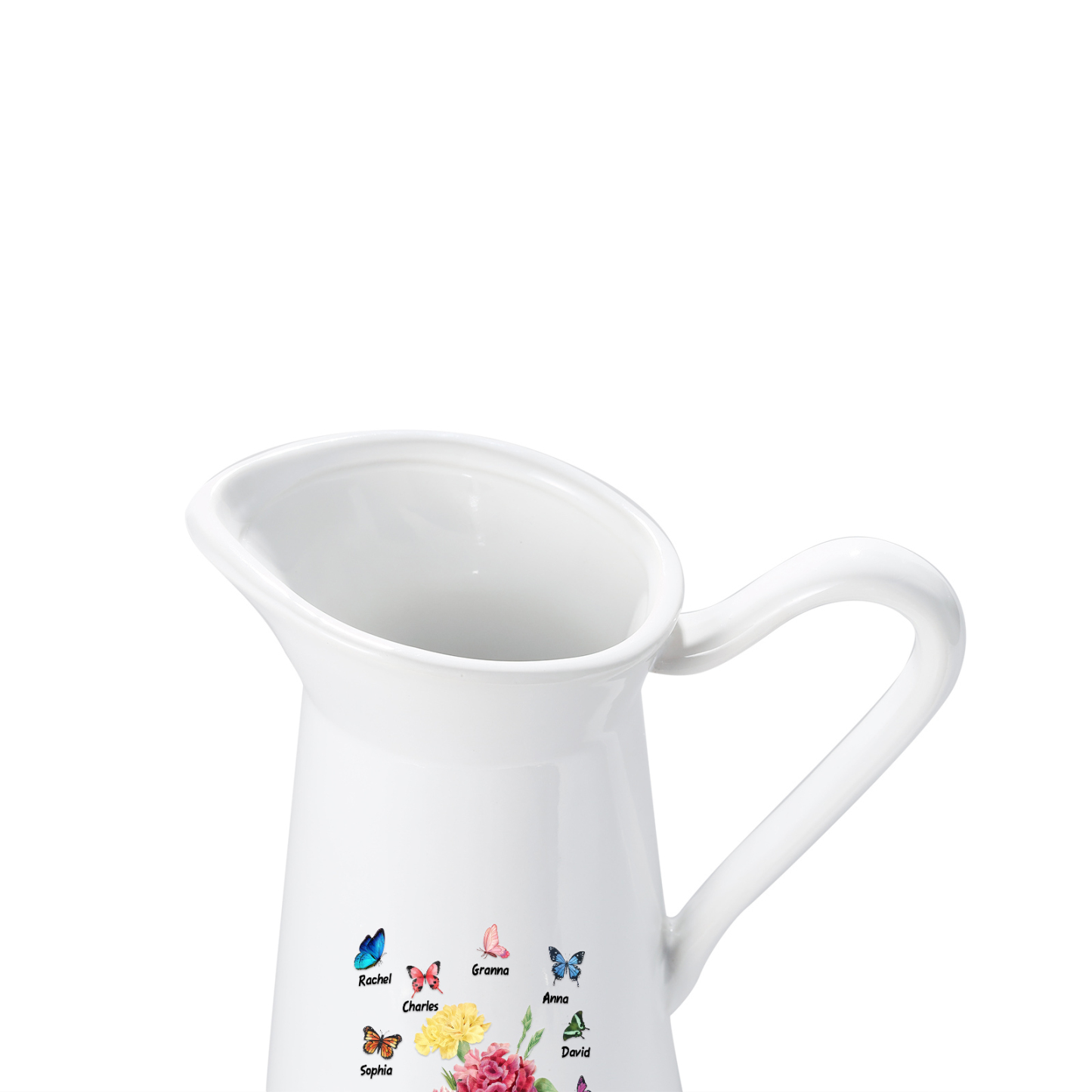 Personalisierte 8 Namen & Text Blumen & Schmetterling Gießvase mit Henkel Familie Vase