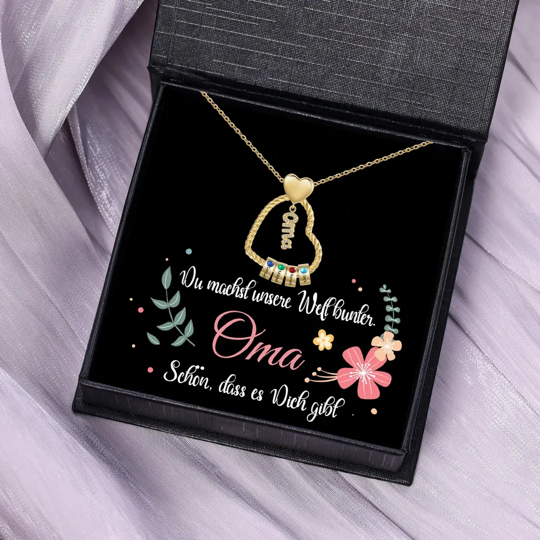 Personalisierte 4 Namen Herz Halskette mit 4 Geburtssteinen - Du machst meine Well bunter. Oma Schön, dass es Dich gibt - Geschenk mit Nachrichtenkarte