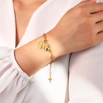 Personalisiertes Goldarmband mit Jungfrau Maria, Geburtsstein und Kreuz