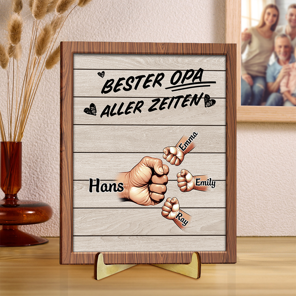 Personalisierte Faustgruß-Plakette – Individuelles Holzschild mit 2-9 Namen, einzigartiges Geschenk für Opa
