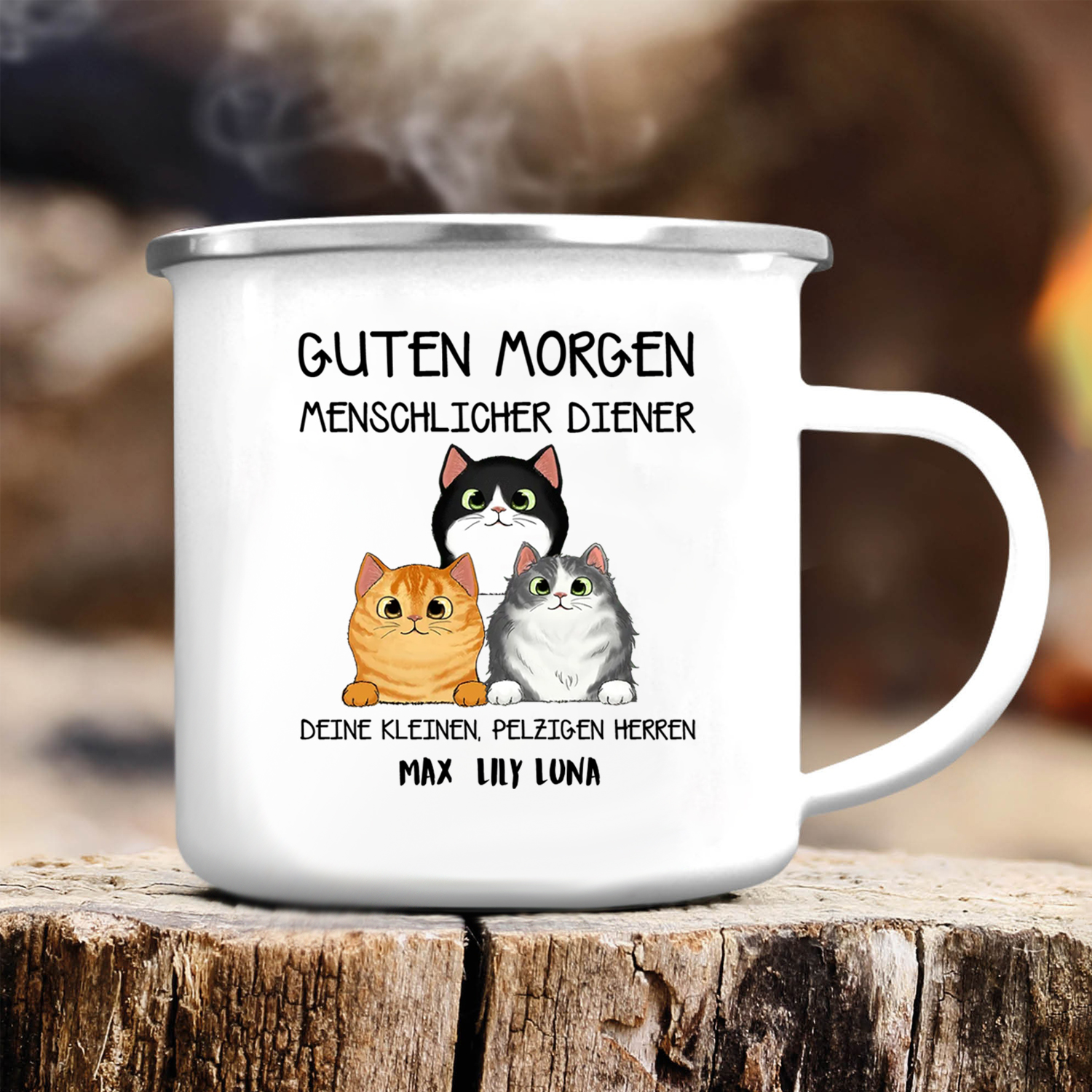 Personalisierbare Emaille-Tasse – Lustige Katzen „Diener“