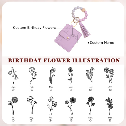 Personalisierte Leder- Kartenetui mit Name & Geburtsblume und Perlen-Handschlaufe, individuelles Geschenk für Frauen
