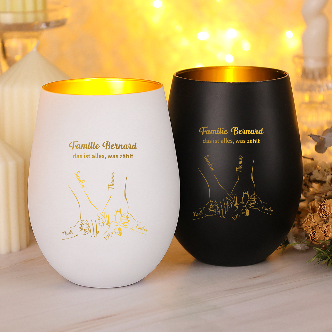 Personalisierter Kerzenhalter aus Glas mit 1 bis 7 Namen der Kinder Geschenk für die Familie
