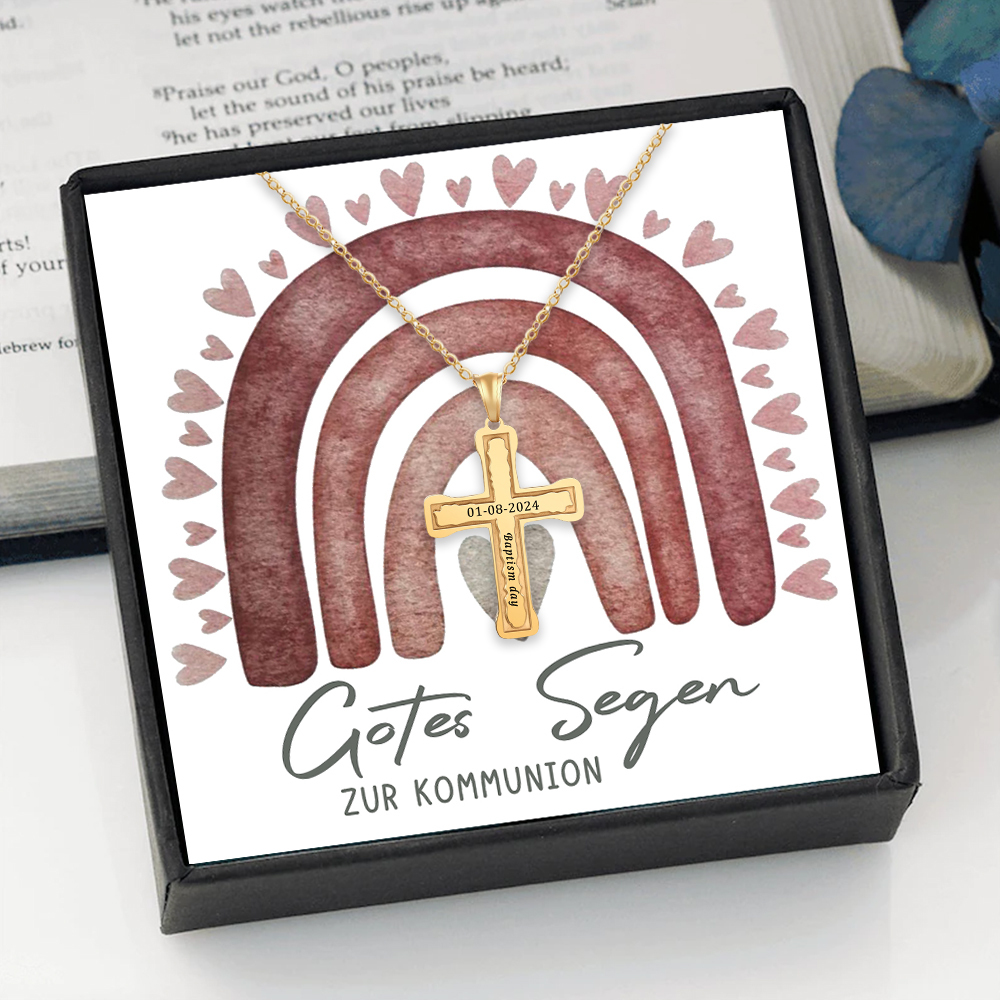 Personalisierter 1 Text & 1 Datum Kommunion Kreuz Golde Halskette- Gottes Segen zur Kommunion- Geschenk mit Nachrichtenkarte