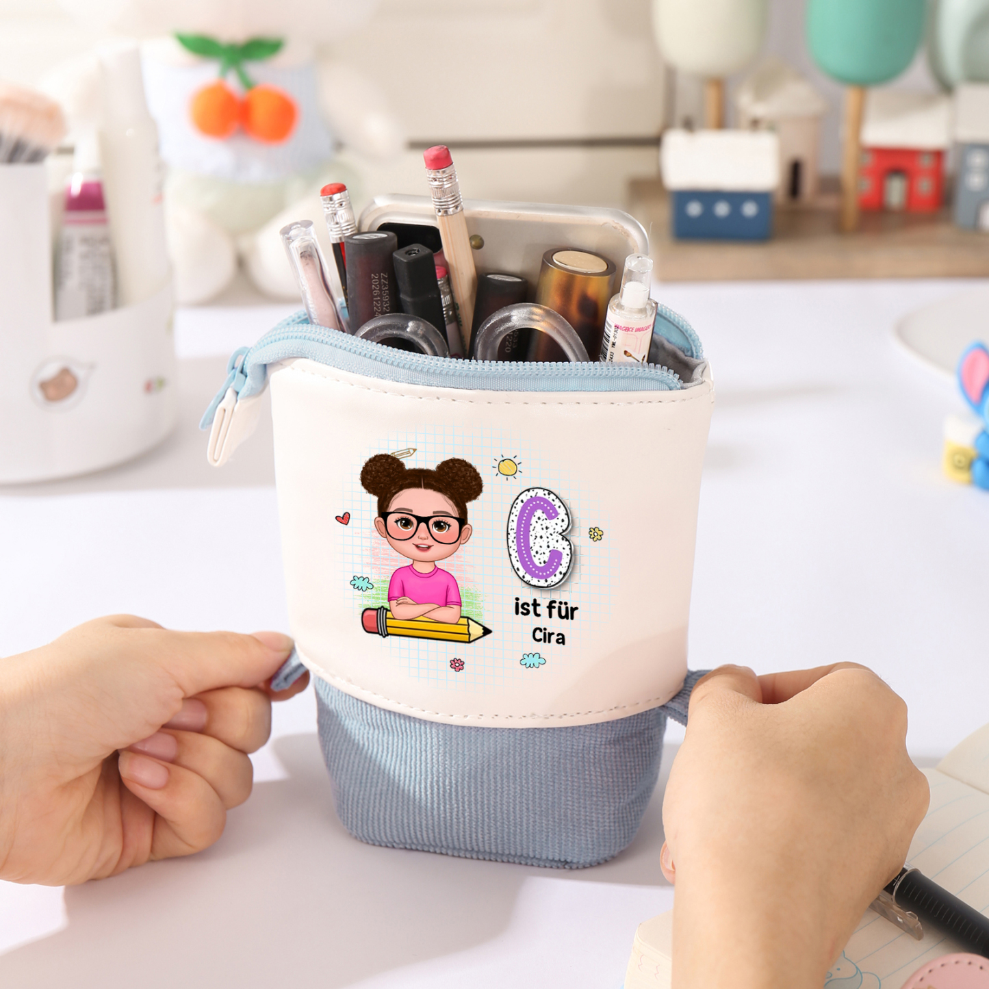 Personalisierter Name in 4 Farben Leinwand PU-Leder Stifteetui Stifttasche für Mädchen