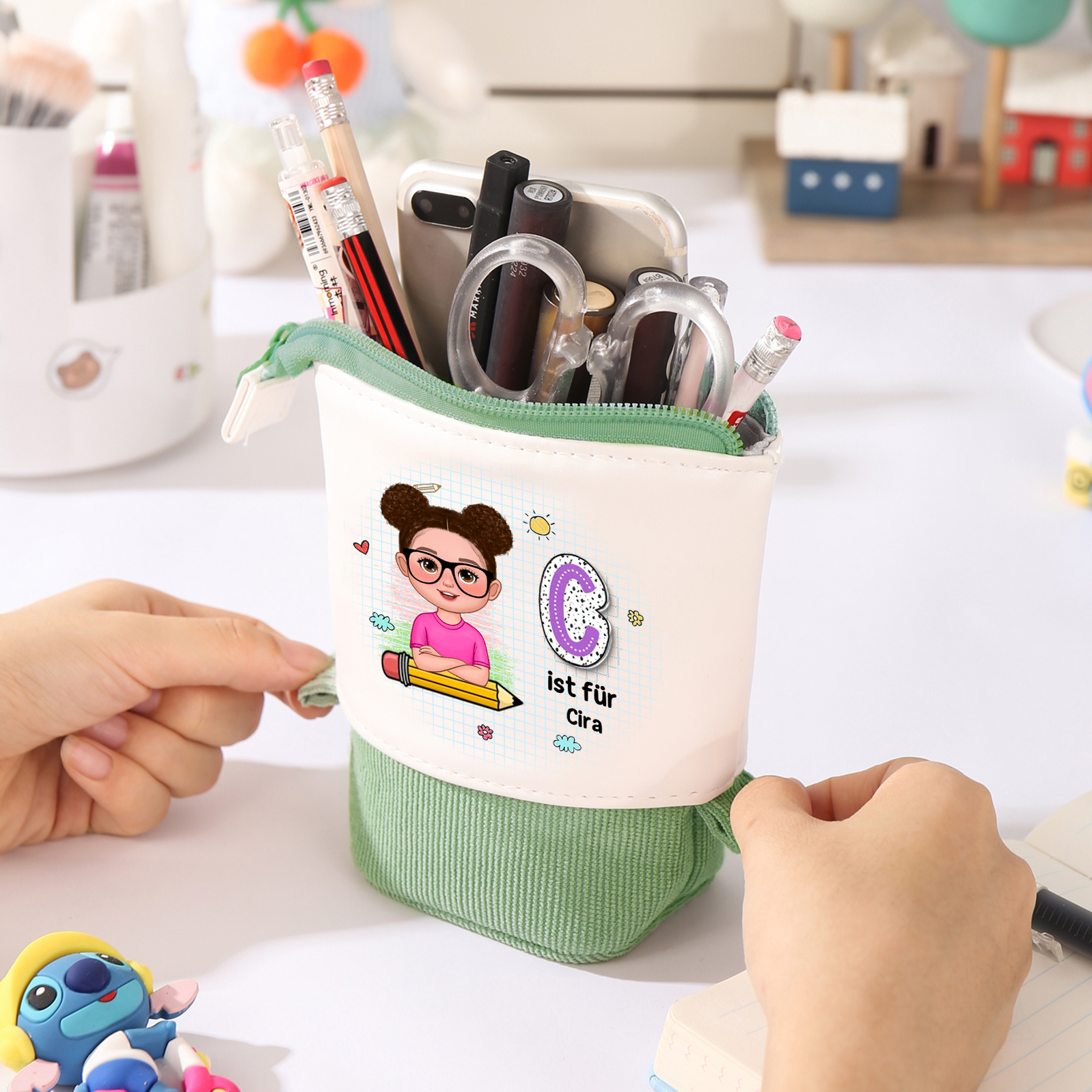 Personalisierter Name in 4 Farben Leinwand PU-Leder Stifteetui Stifttasche für Mädchen
