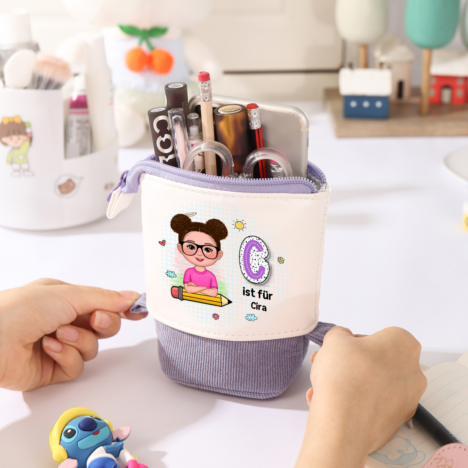 Personalisierter Name in 4 Farben Leinwand PU-Leder Stifteetui Stifttasche für Mädchen