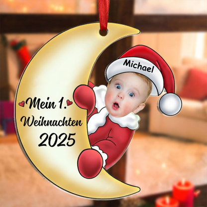 Acryl Weihnachtsornament - Personalisierter 1 Name & Foto & Jahr Baby auf dem Mond – Erster Weihnachten 2024 – Weihnachtsanhänger