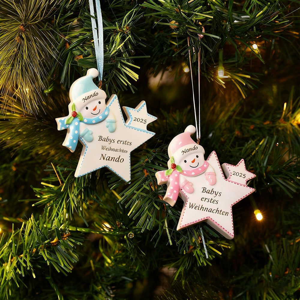 Personalisierter Stern-Weihnachtsanhänger mit Schneemannmotiv – Babys erstes Weihnachten, Christbaumschmuck