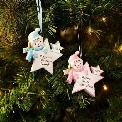 Personalisierter Stern-Weihnachtsanhänger mit Schneemannmotiv – Babys erstes Weihnachten, Christbaumschmuck