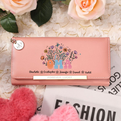 Personalisierter Damen-Geldbeutel mit Blumenmotiv – Individuelle Geldbörse mit 1-6 Kindernamen, Geschenk für Oma