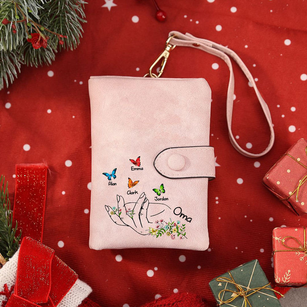 Damen Personalisierte 3-7 Namen mit Hand & Schmetterling & Blumen PU Leder Geldbörse