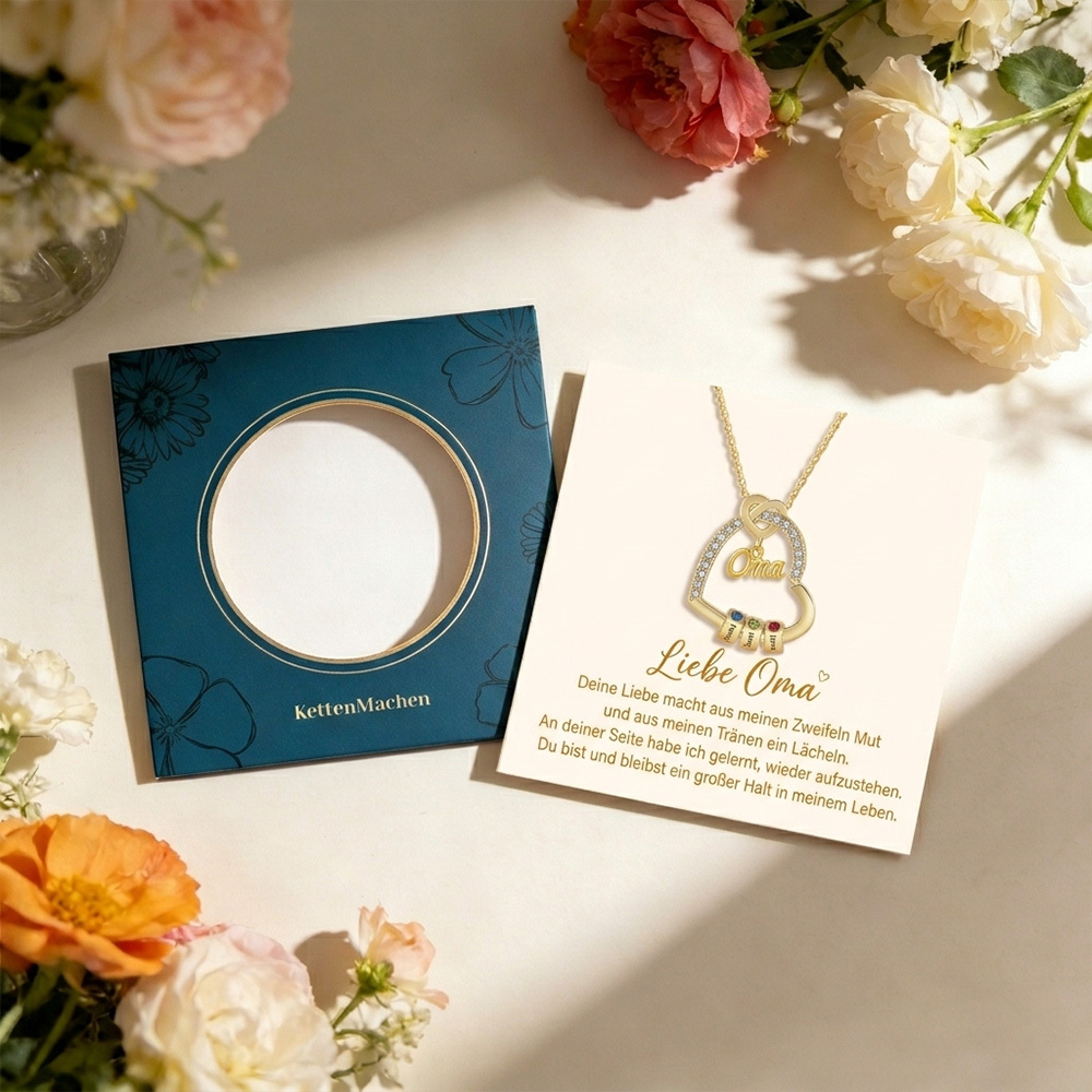 Personalisierte 1 Titel & 1-5 Namen Herz Halskette mit 1-5 Geburtssteinen für Mama/Mutter/Oma-Geschenk Box Set