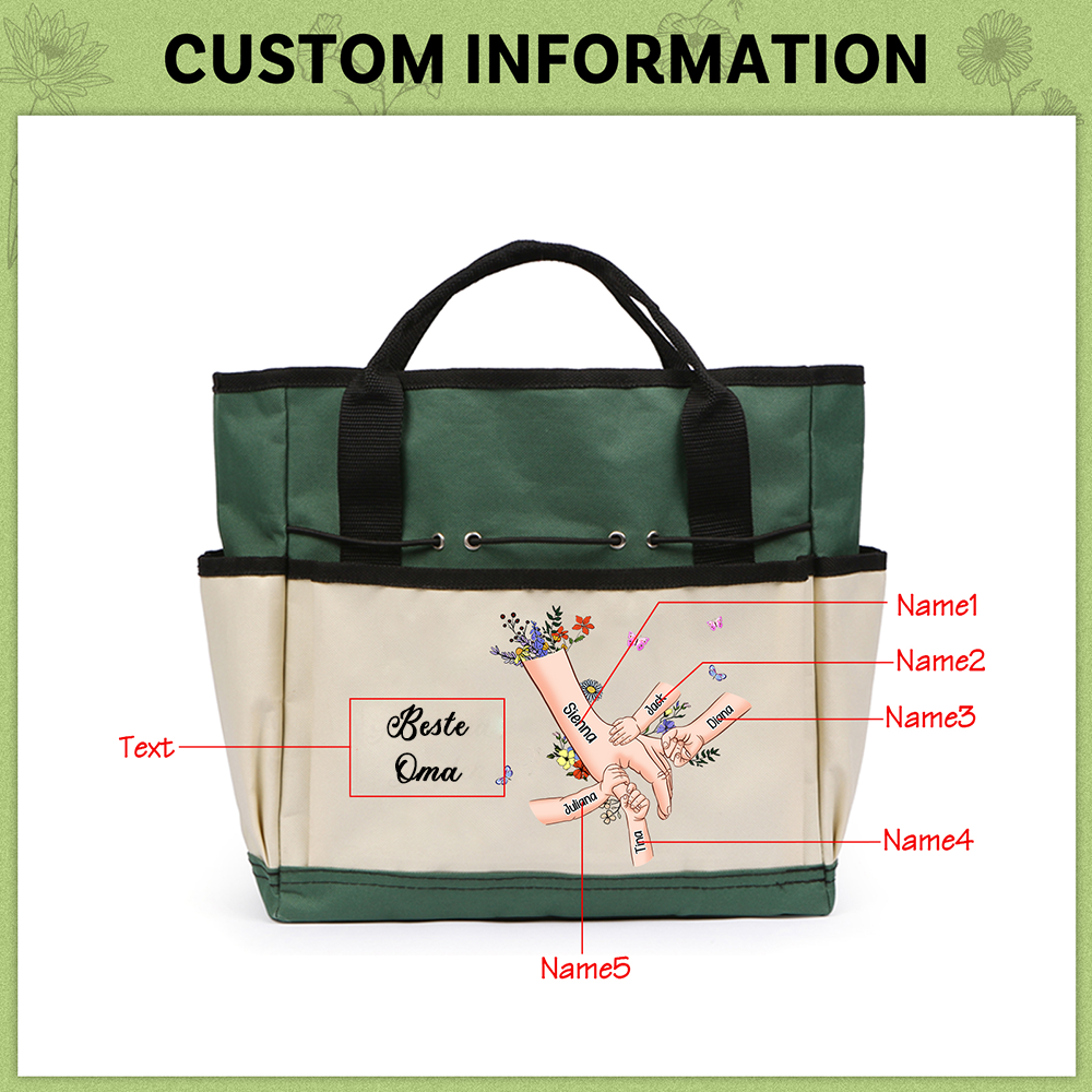 Personalisierte 2-8 Namen & Text Gartentasche Blume Hand in Hand Familie große kapazität Gartentasche für Gartenwerkzeug nähen