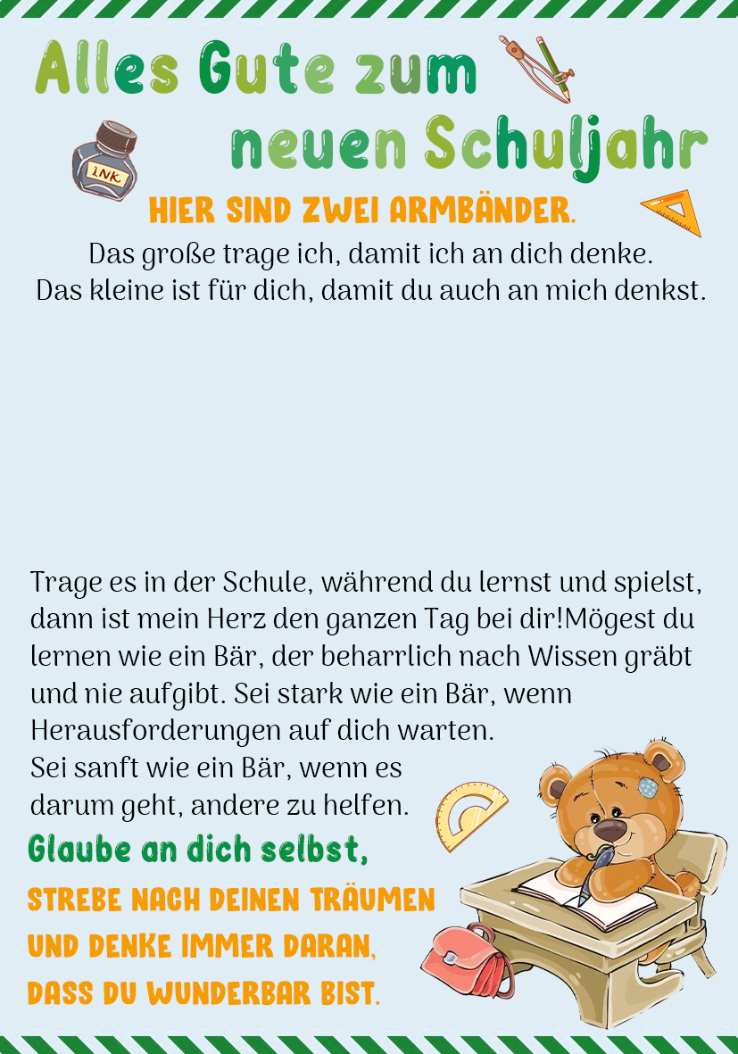 Bär Armbänder Set mit 2 Ketten Alles Gute yum neuen Schuljahr Glaube an dich slbst, strebe nach deinen Träumen Geschenk mit Nachrichtenkarte