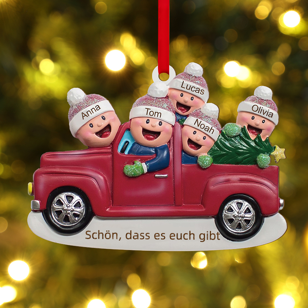 Personalisierter 2-6 Namen & Text Weihnachtsornament – Familien-Holzanhänger im Auto