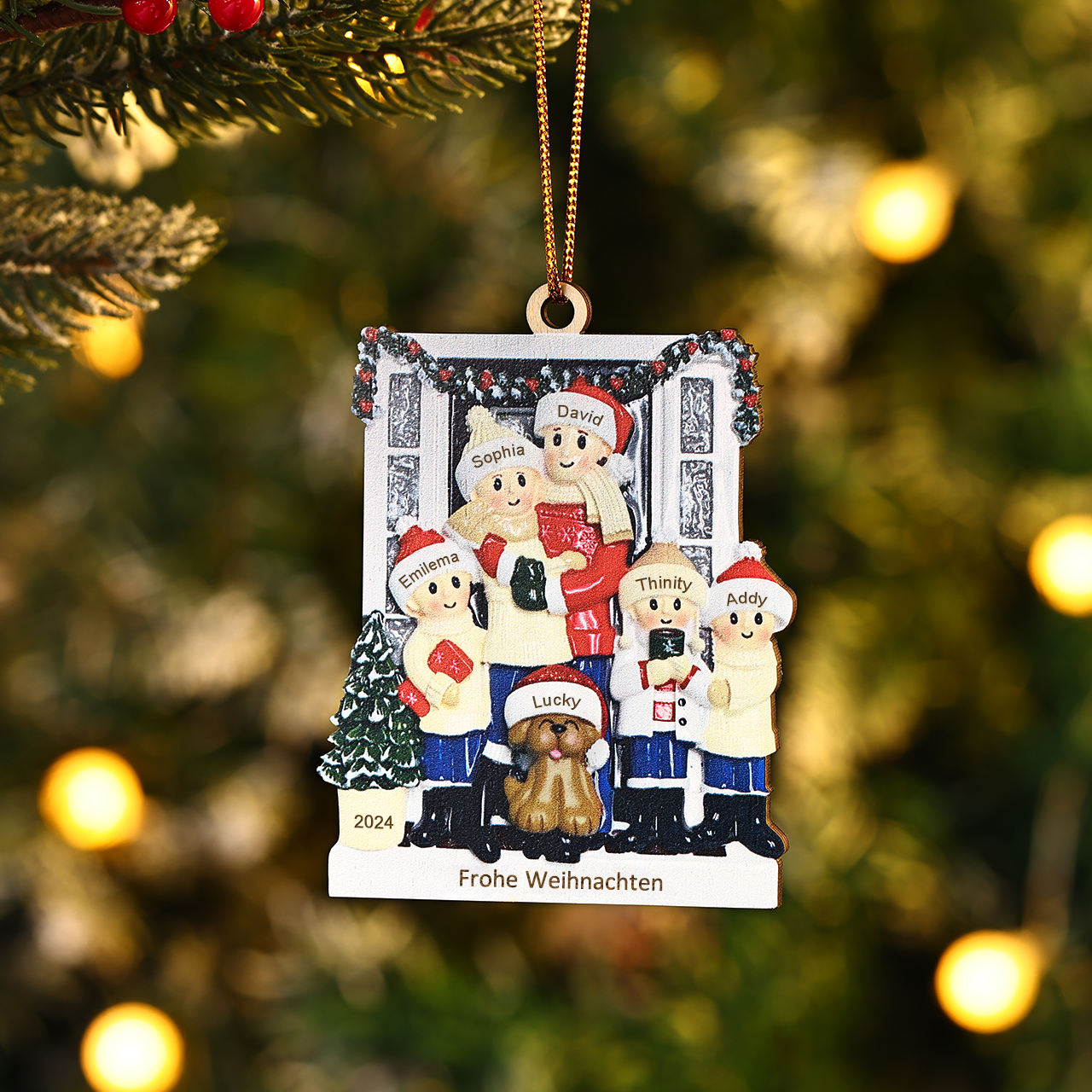 Holz Weihnachtsornament-Personalisierte 2-6 Namen & Text & Jahr Familie & Haustier Hund vor weihnachtlich geschmückter Haustür Weihnachts-Anhänger