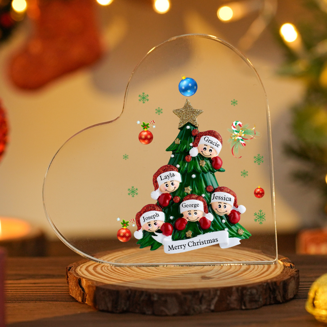 Personalisierte 2-8 Namen & Text Herz-Acryl-Deko – Weihnachtsbaum-Schreibtischdekoration für Familie