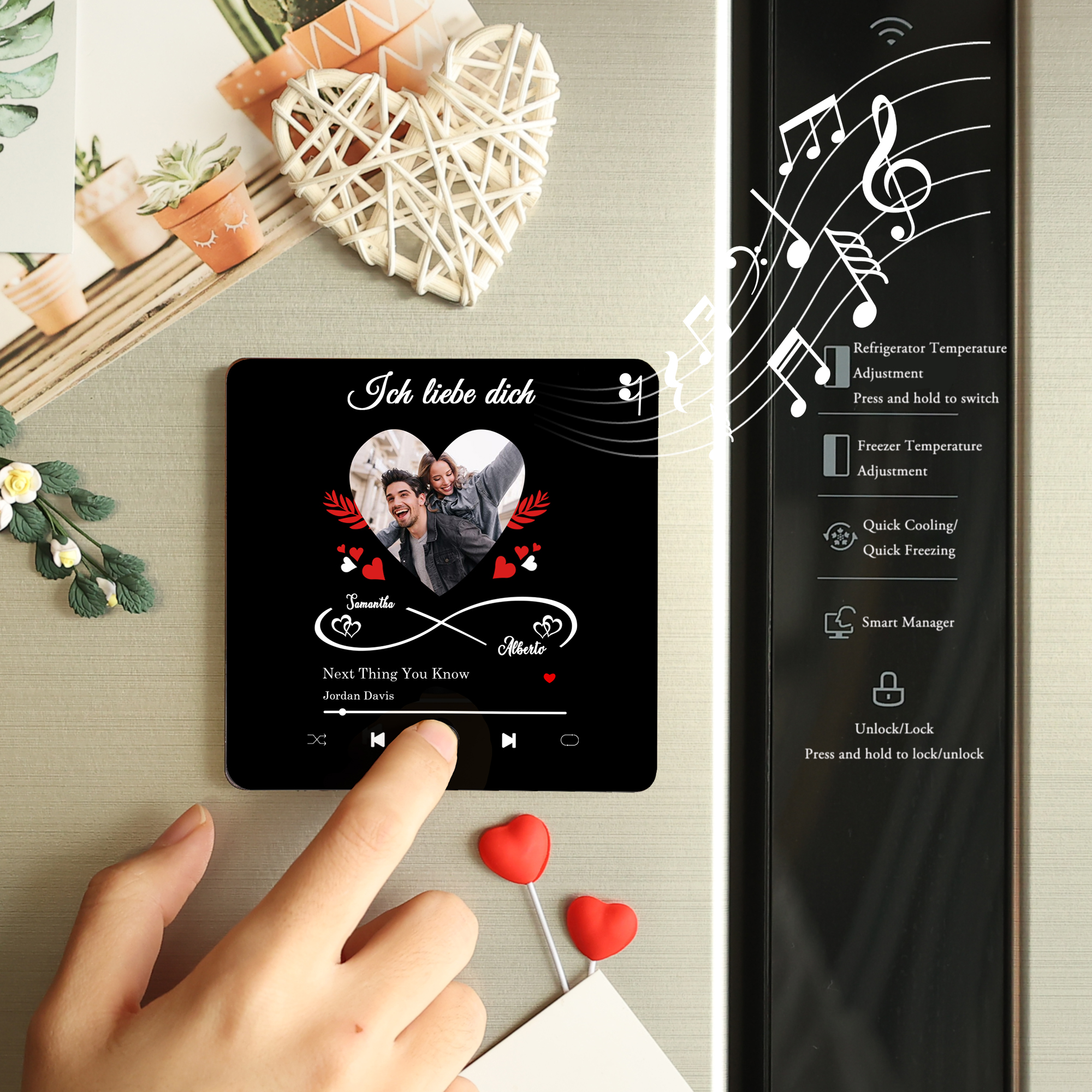 Personalisiertes Foto & Lied & 2 Namen Acryl Holz Kühlschrankmagnet mit Musikfunktion Ich liebe dich Geschenk für Paar