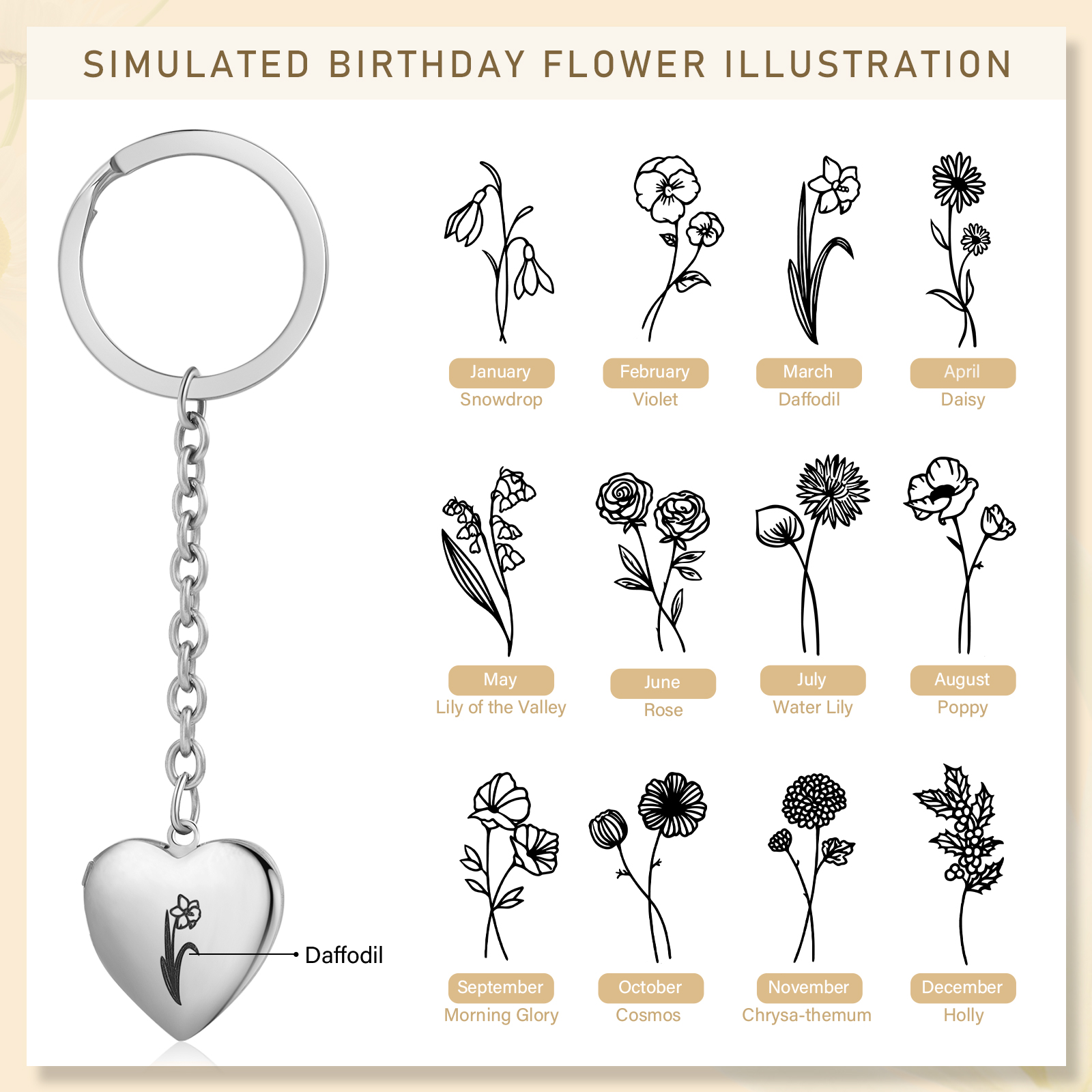 Personalisierte 2 Fotos & Geburtsblume Herz Schlüsselanhänger-Geburtsblume Serie 