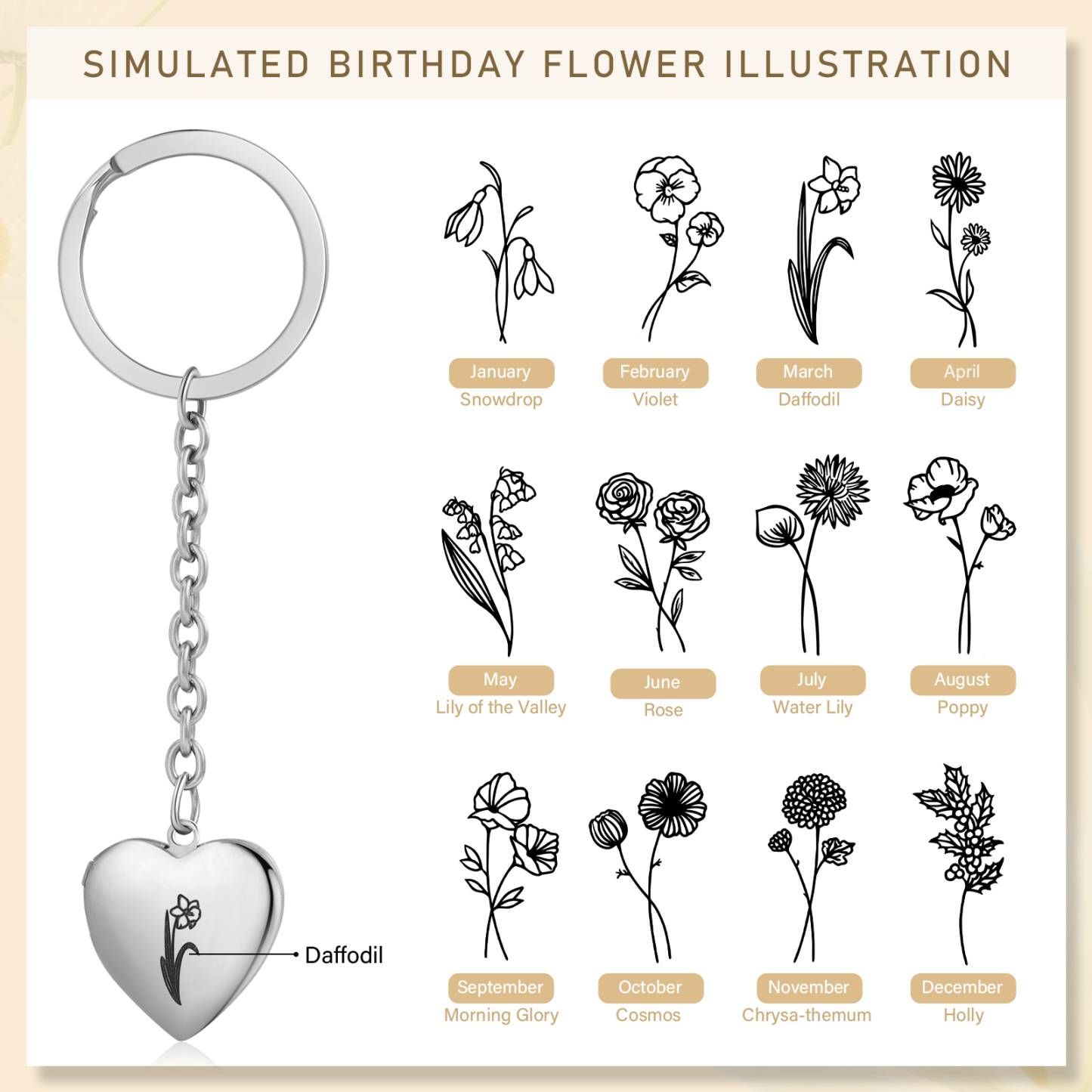 Personalisierte 2 Fotos & Geburtsblume Herz Schlüsselanhänger-Geburtsblume Serie 