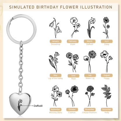 Personalisierte 2 Fotos & Geburtsblume Herz Schlüsselanhänger-Geburtsblume Serie 