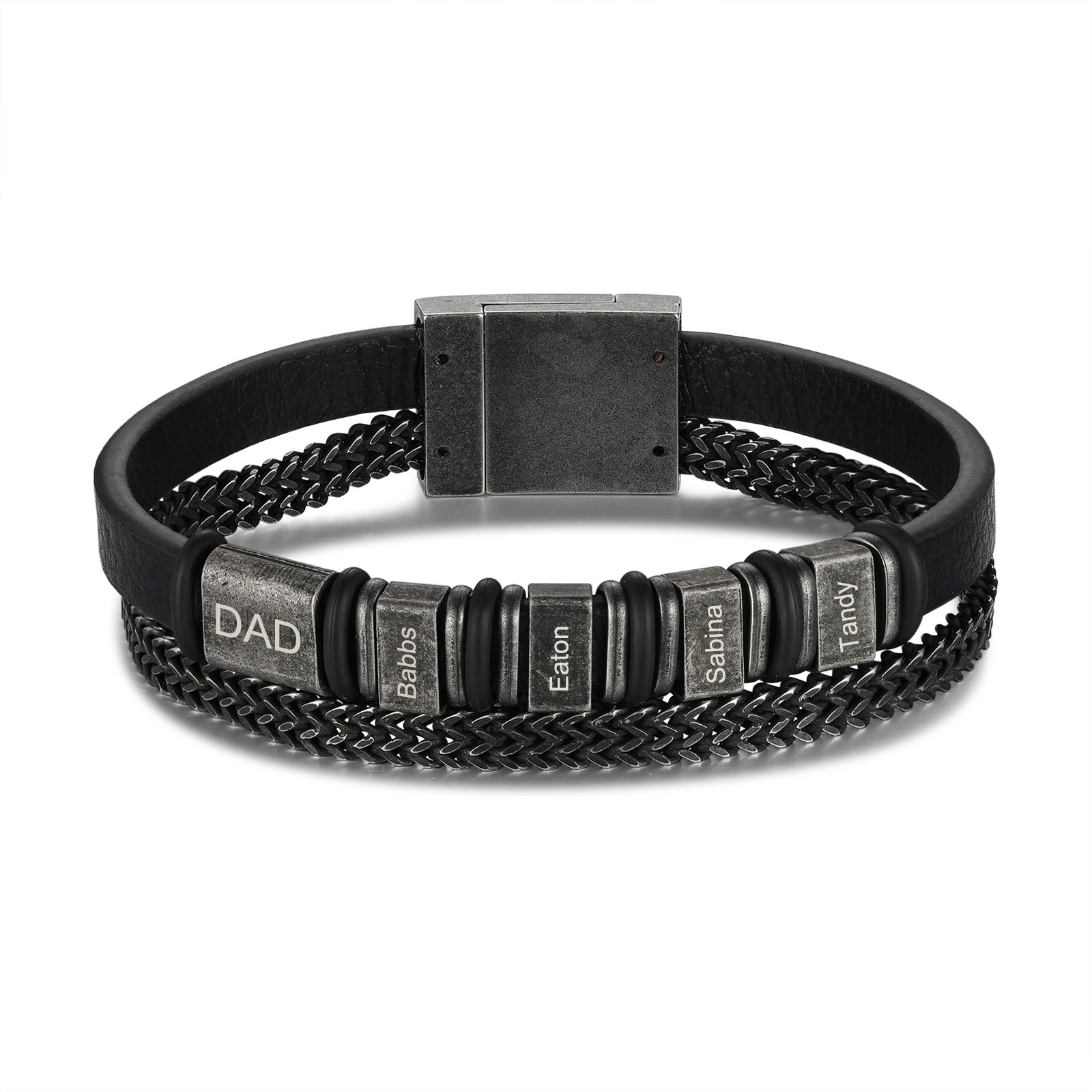 Herren Schmuck-Personalisierte 4 Namen & Text Vintage Armband mit Edelstahl & Leder Kette