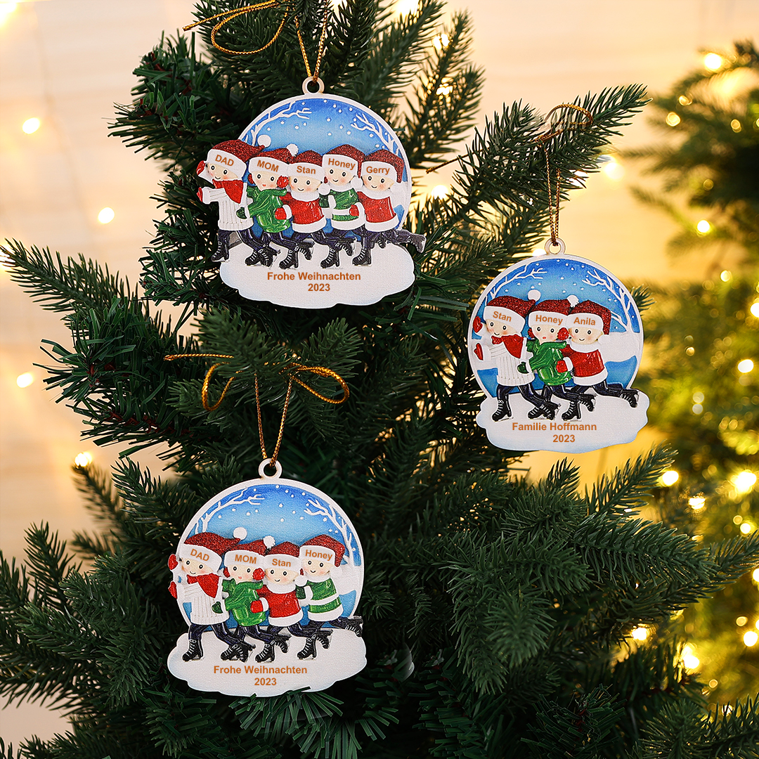 Holz Personalisierte 4 Namen & Text & Jahr Eislaufen Rund Weihnachtsornament Weihnachtsbaum Anhänger
