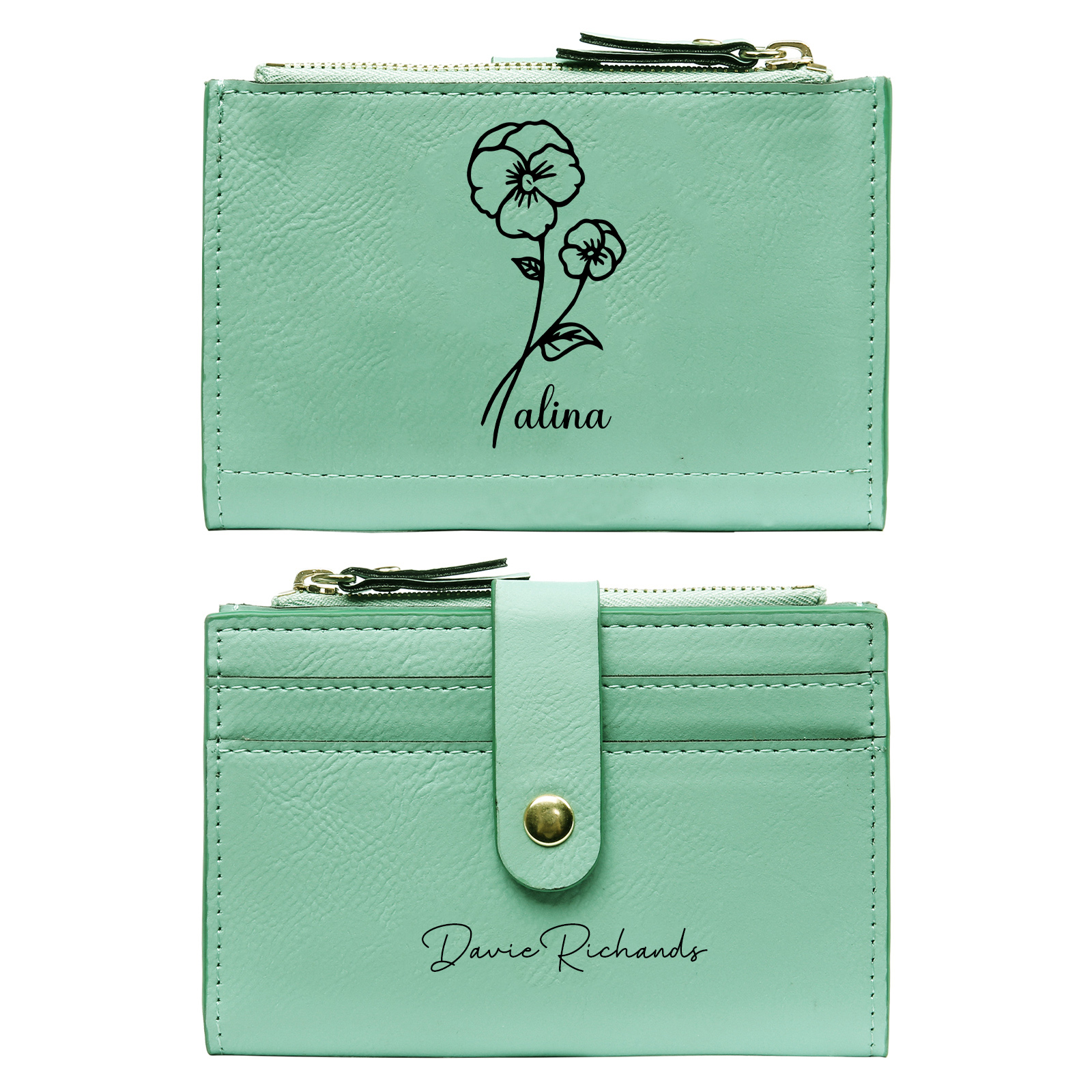 Damen Personalisierter Text & Name & Geburtsblume PU Leder Geldbörse