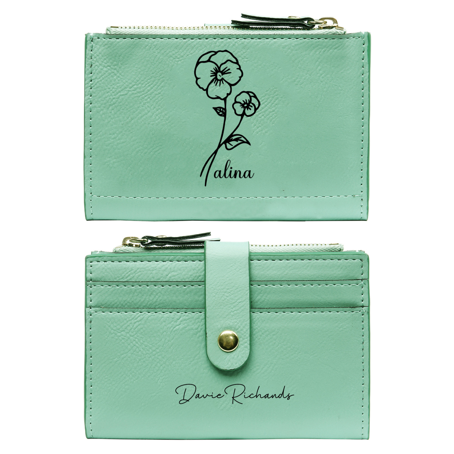 Damen Personalisierter Text & Name & Geburtsblume PU Leder Geldbörse