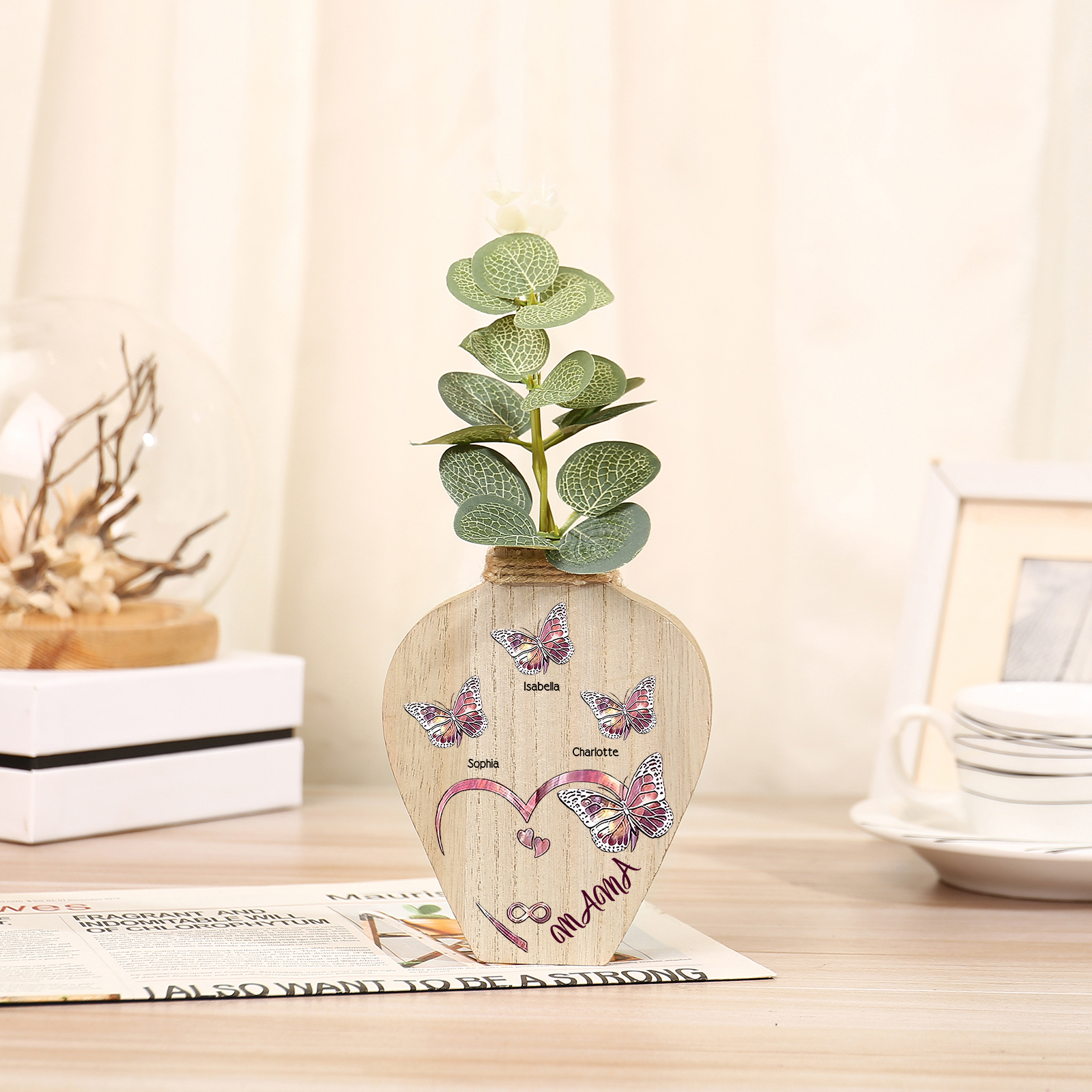 Holz Personalisierter 3 Namen & Text Lila Schmetterling Vase