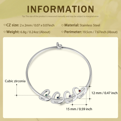 Benutzerdefinierte 4 Namen Herz Charme Armband mit 4 Geburtssteinen