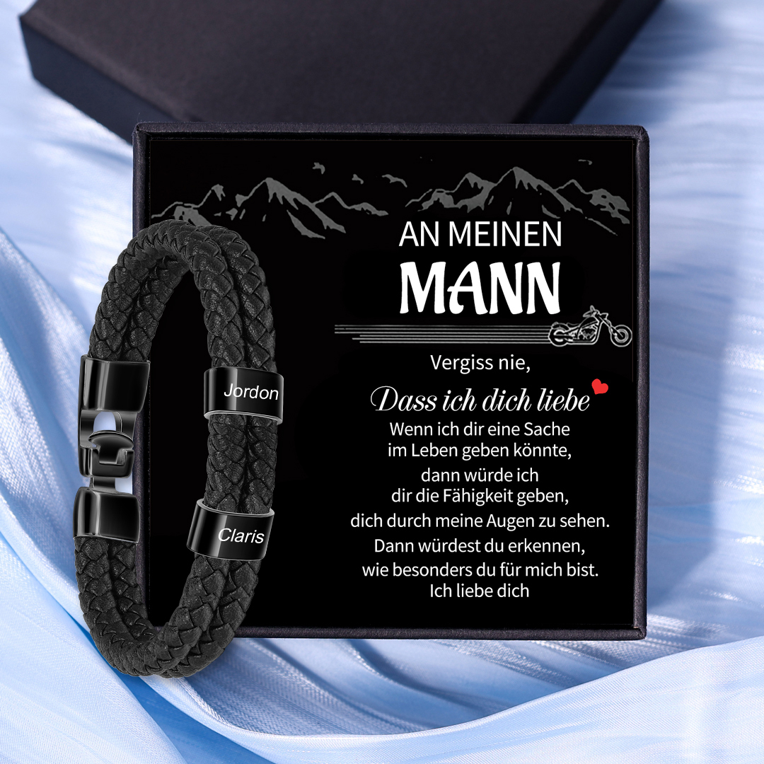 Herren Gravur 2 Namen Perlen Doppelt geflochtenes Lederarmband-An meinen Mann-Geschenk mit Nachrichtenkarte