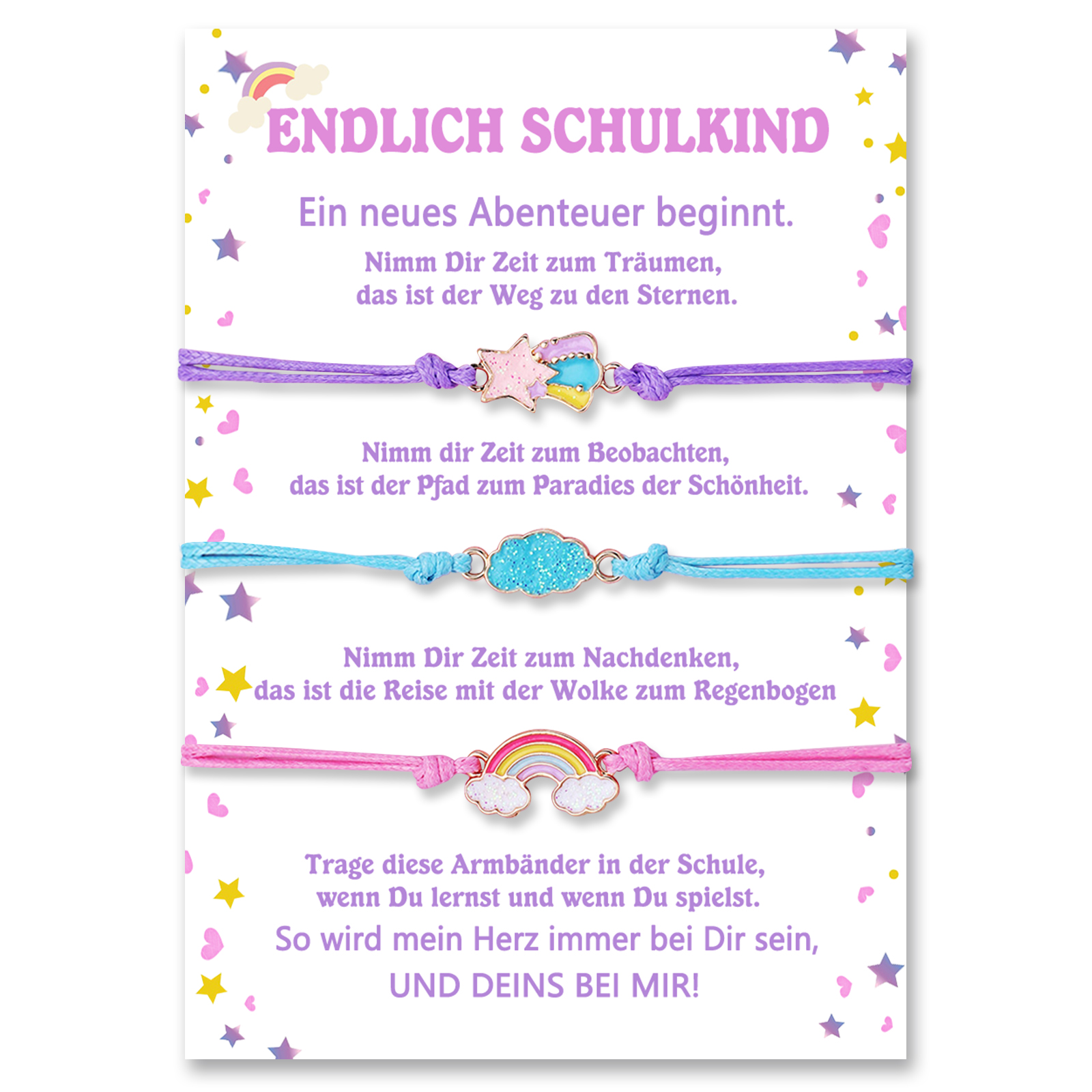 Stern & Wolken & Regenbogen Armbänder Set mit 3 Ketten-Endlich Schulkind Ein neues Abenteuer beginnt-Schulanfang Geschenk mit Nachrichtenkarte