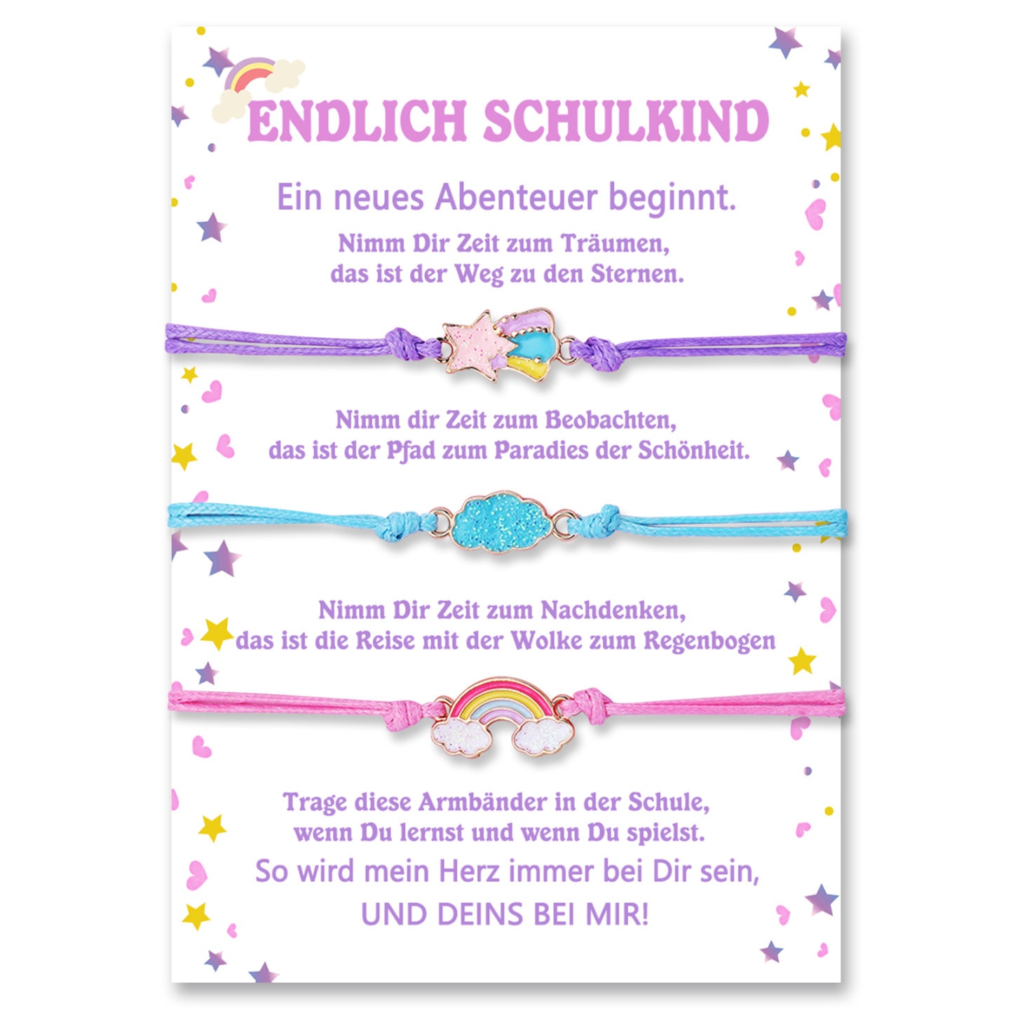 Stern & Wolken & Regenbogen Armbänder Set mit 3 Ketten-Endlich Schulkind Ein neues Abenteuer beginnt-Schulanfang Geschenk mit Nachrichtenkarte
