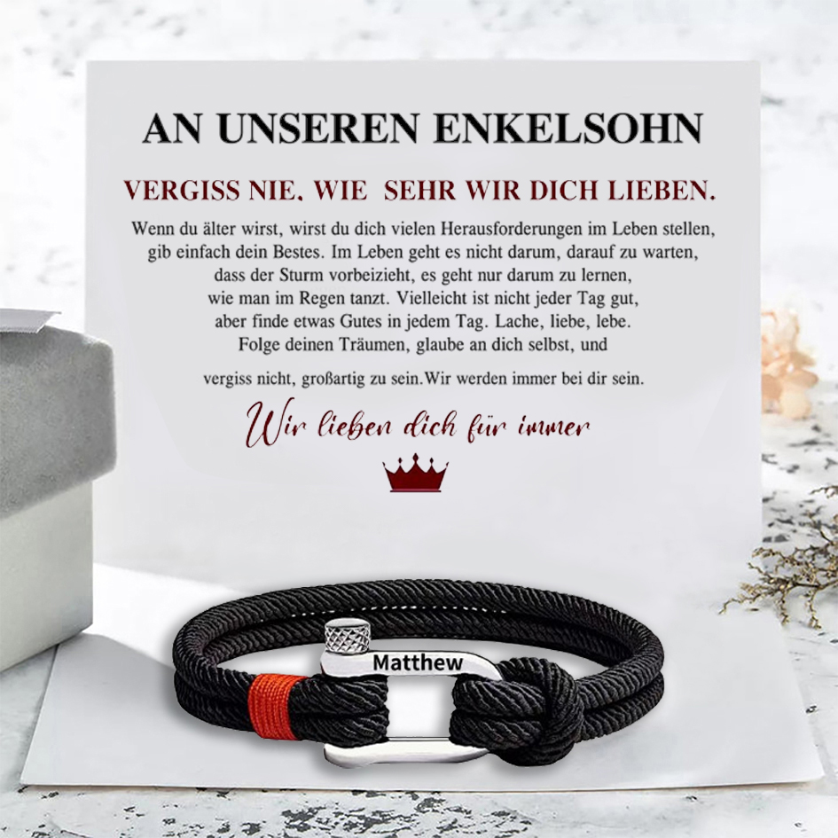 Herren Personalisierter 1 Name Edelstahl Hufeisenschnalle Handseil Armband-An unseren Enkelsohn-Geschenk mit Nachrichtenkarte